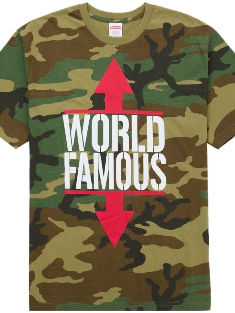 Supreme Camo Short-Sleeve Tee with Red Arrow and White 'WORLD FAMOUS' Graphic